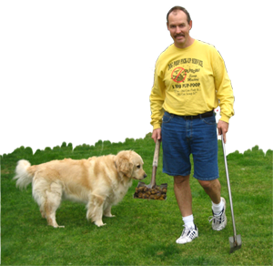 Image of tim stone, founder of scoop masters dog poop pick up service, scooping dog waste in a yard.